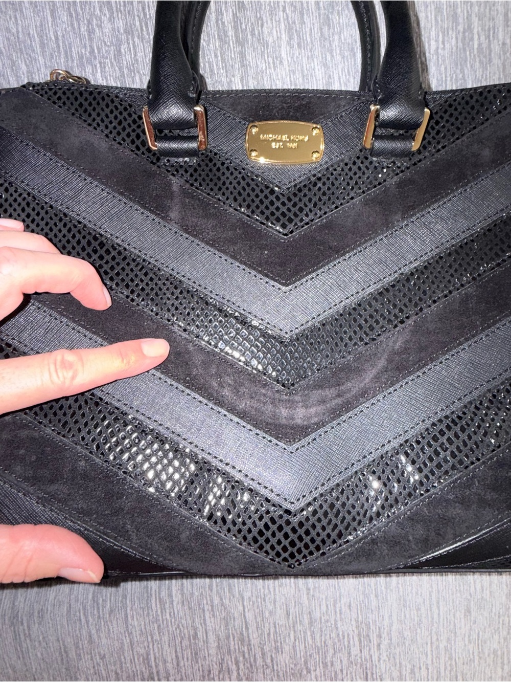 Michael Kors Black Saffiano and Suede Leather Chevron-Texture Satchel - Picture 6 of 11